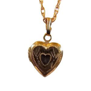 Heart Dainty Locket pendant necklace 14K gold filled etched small 0.5" inches